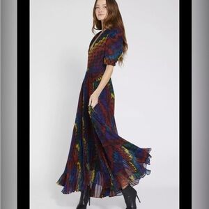 Alice + Olivia Red and Blue Puff Sleeve A-line Maxi Dress